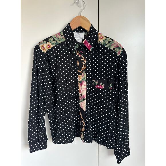 Vintage 90s Polka Dot blouse Size Small Floral mixed Print Cropped Rayon - Picture 2 of 5